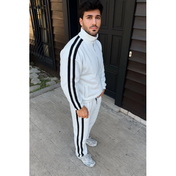 Çift Şeritli Eşofman Takım Dik Yaka Fermuarlı Sweatshirt Boru Paça Alt, Oversize 3 iplik Pamuklu - Beyaz