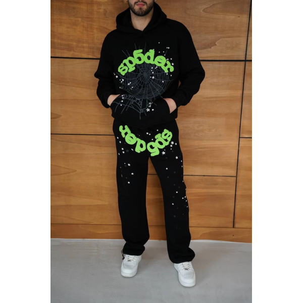 Kapüşonlu Eşofman Takım Örümcek Ağı ve Neon Yeşil Baskılı Kanguru cepli Oversize Rahat Kalıp, Premium Üç İplik Kumaş - Siyah -
