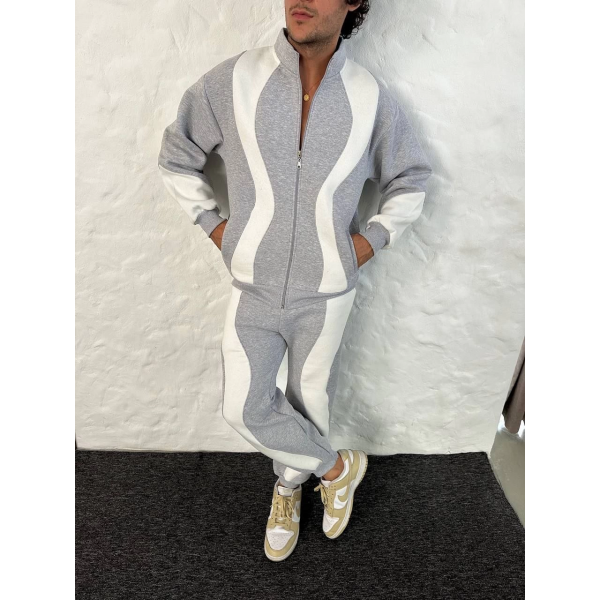 Premium Parçalı Eşofman Takım - Dik Yaka Fermuarlı Sweatshirt, - Gri -