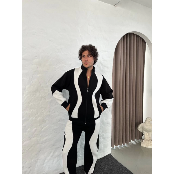 Premium Parçalı Eşofman Takım - Dik Yaka Fermuarlı Sweatshirt, - Siyah -