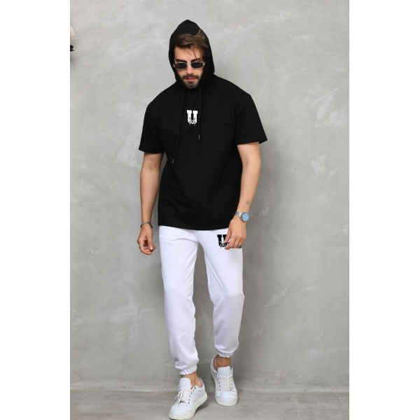 Kapşonlu Oversize T-Shirt Takım - Siyah