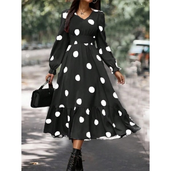 Kadın Uzun Kollu V Yakalı Beli Lastikli Puantiyeli Uzun Krep Elbise