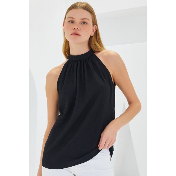 0489 Halter Yaka Örme Bluz - Siyah
